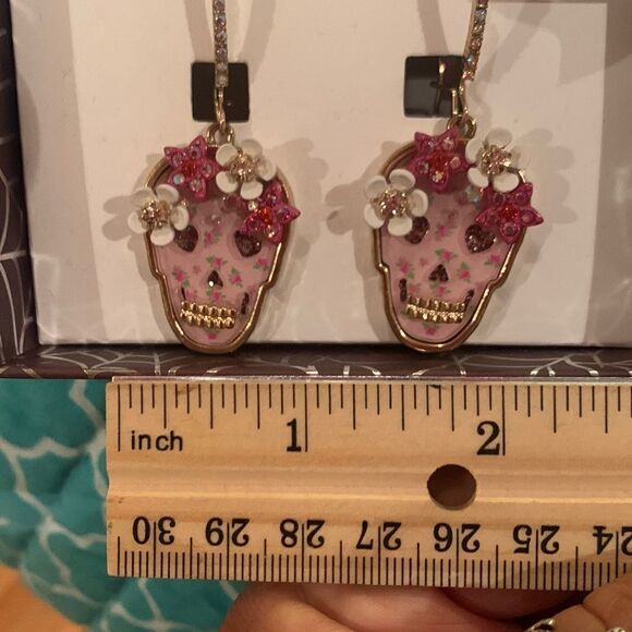 Betsey Johnson Sugar Skull Jeweled Pierced Earrings - Picture 6 of 7